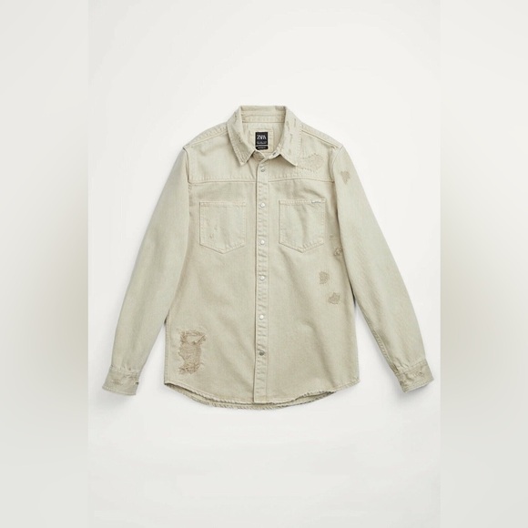 Zara Denim Overshirt Men's‎ Size Medium Khaki Tan Ripped Distressed - Picture 3 of 16